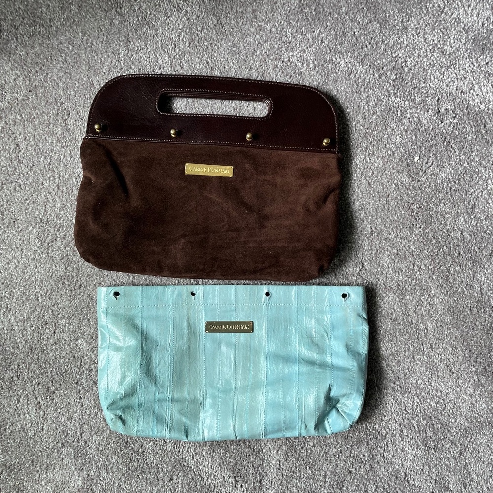 Carrie Dunham clutch suede bag with teal leather cover
